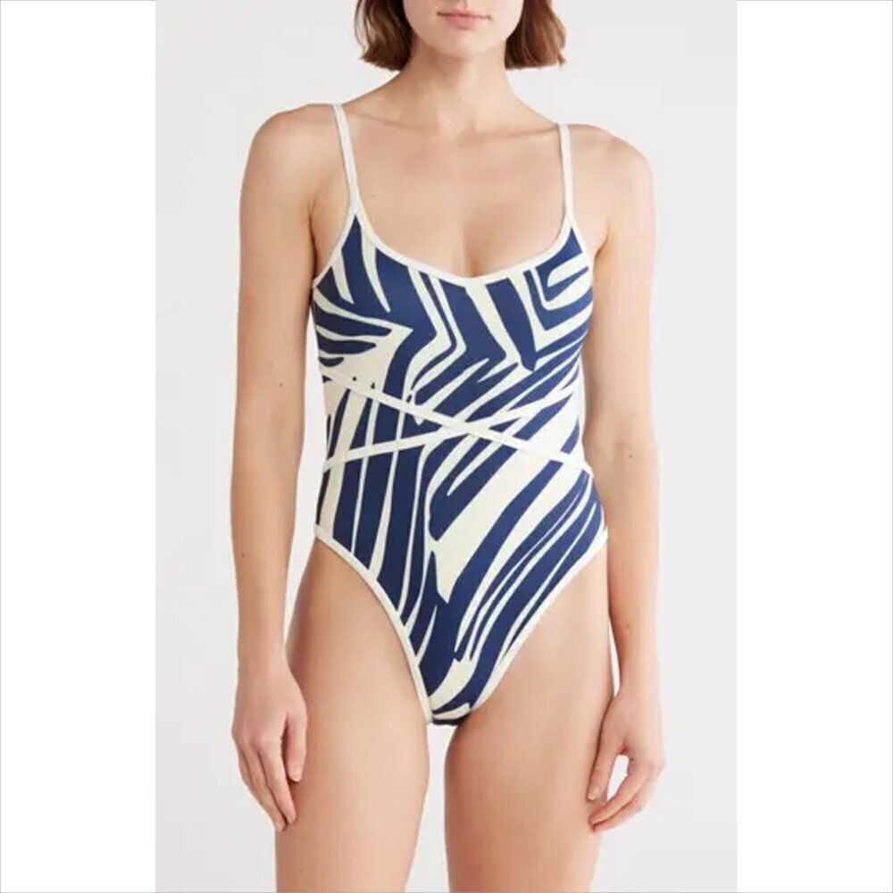 Hutch Elia one piece tank swimsuit blue white stripe scoop back high cut new M